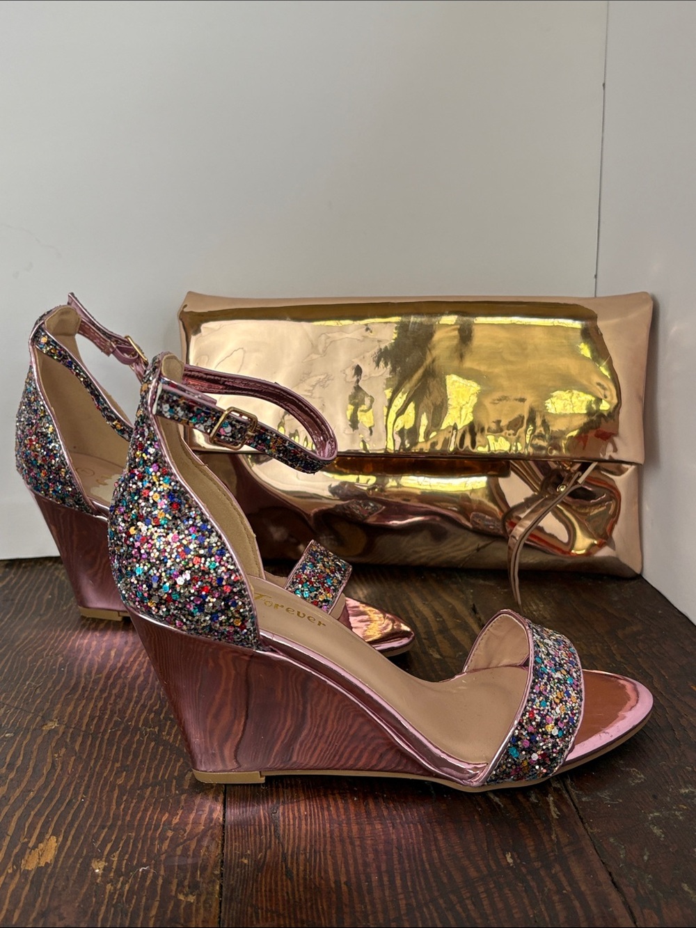 Forever Rose Metallic Multicolor Glitter Wedge Sandals and Copper Gold Clutch 7